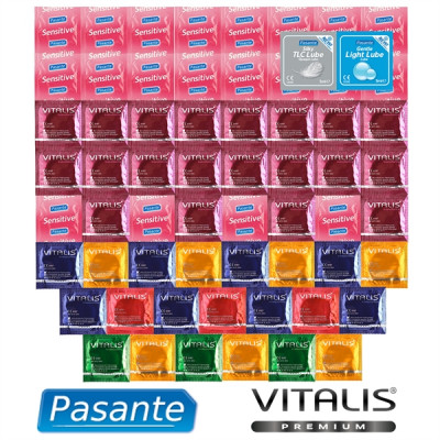 Csomag extra vékony óvszerekből - 61 óvszer Pasante és Vitalis Premium +  Pasante síkosító, mint ajándék